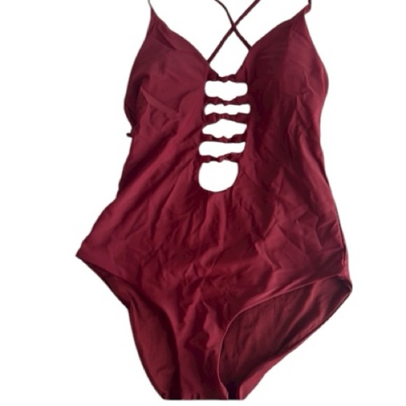BECCA | Burgundy One-Piece Swimsuit with front knot details size small - Picture 3 of 4
